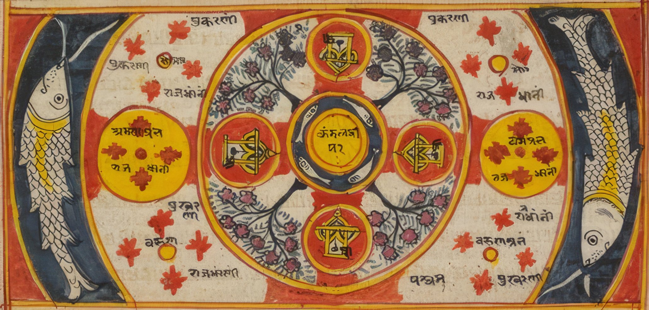 Kuṇḍala, the 12th continent in the middle world, is illustrated in this manuscript painting. It clearly demonstrates the importance of symmetry and repetition in Jain cosmology. The ring of mountains called Kuṇḍala in its centre is marked in yellow and surrounds a Mount Meru encircled by water. Symmetrically laid out trees and temples are found in the part enclosed by mountains while symmetry is also noticeable in the land outside the mountains and in the fish in the ocean. Copyright CC0 1.0 (Creative Commons Public Domain) British Library Source: JAINpedia / Institute of Jainology